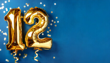 Banner with number 12 golden balloon with copy space. 12 years anniversary celebration