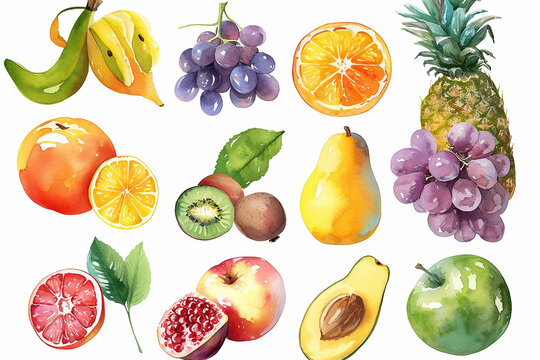 Set watercolor painted collection of fruits. Hand drawn vector fresh food design elements isolated on white background.
