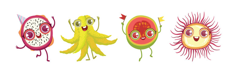Funny Fruit Character with Big Eyes and Happy Faces Vector Set