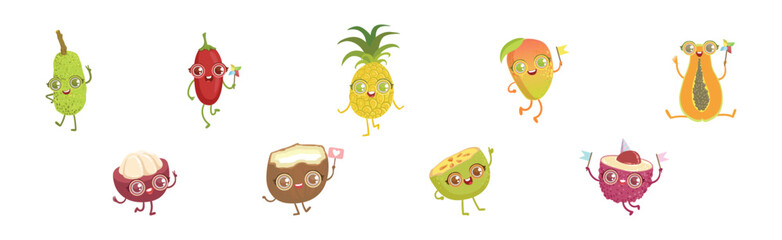 Funny Fruit Character with Big Eyes and Happy Faces Vector Set