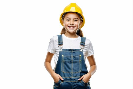 A young girl wearing a yellow safety helmet and overalls is smiling
