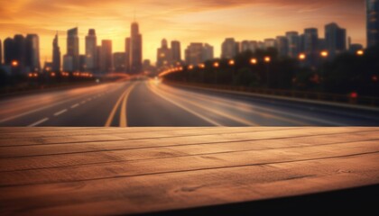 Fototapeta premium Wooden Table Top and Blurred City Traffic at Sunset