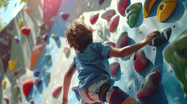 Little boy climbing on a climbing wall indoors
