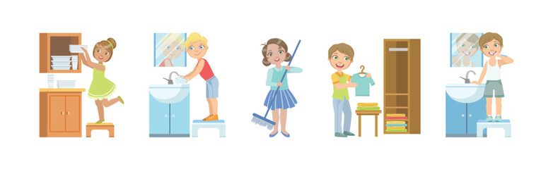 Kid Character Doing Housework and Helping with Chores Vector Set