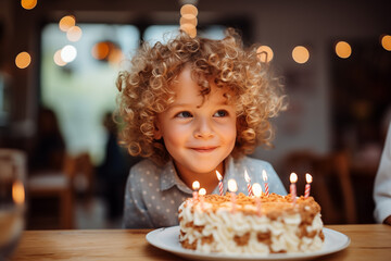 Naklejka premium Cute little girl blowing out candles on a birthday cake at home against the background of balloons. Child's birthday.