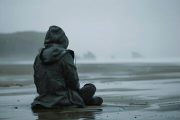 woman sitting on the seashore in a gloomy day - 752513625
