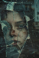 sad woman behind a broken glass - 752513659