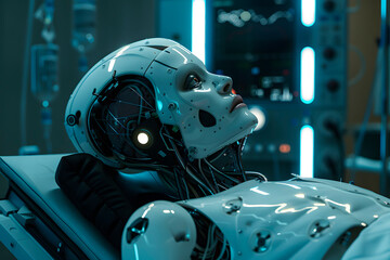 humanoid robot lying on an operating room table - 752513681
