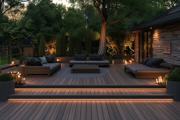 Amazing wooden deck at twilight with seating arrangement.