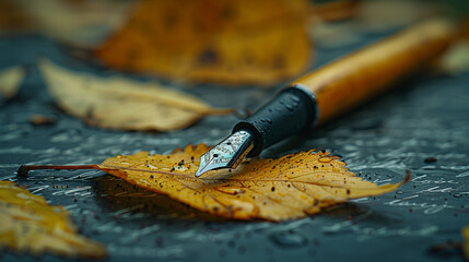 a fountain pen lies on a dark background with yellow autumn leaves
