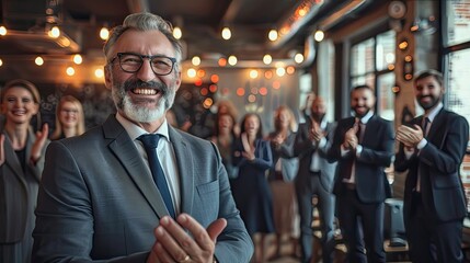 Senior executive clapping joyfully at a company event with a bright bokeh background.