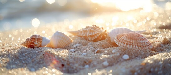Beautiful display of various seashells scattered along the sandy beach shore under the sun - obrazy, fototapety, plakaty