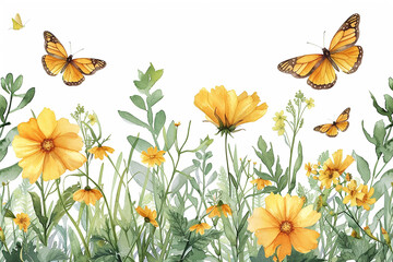 Wide horizontal banner with yellow flowers and butterflies. Floral seamless pattern. Summer or spring background.