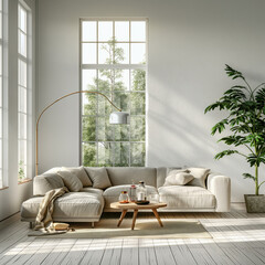Wooden interior design of house with big window and nature view. Interior mockup. Generative AI