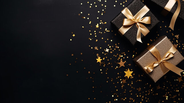 Black background. Xmas black red gift box and gold ribbon bow viewed from above for text Merry Christmas, Happy New Year and Black Friday season. Horizontal banner, website. Vector illustration