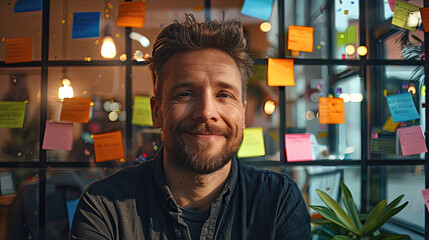 Smiling man with sticky notes on glass window, office background.