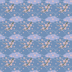 Seamless pink plum blossom pattern on blue background. Oriental art spring wallpaper with flat illustration. 