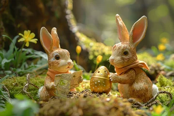 Fotobehang Claymation Easter bunnies on a treasure hunt for the 'Golden Egg' amidst a spring setting. Artful macro scene with detailed clay models, maps, and eggs. A whimsical Easter adventure concept © Alexey