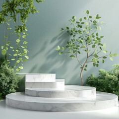 Fototapeta na wymiar Modern White Podium Presentation with Stone Slabs and Greenery
