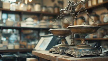unique shop with antique scales from the 19th century with ornate metal bowls, shop background,