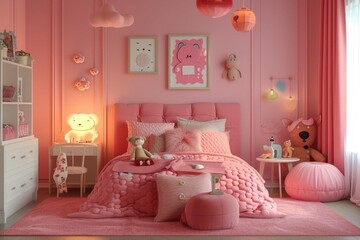 Obraz premium Beautiful girls room in bright pink color with furniture, bed and toys.