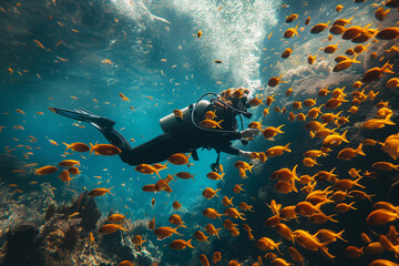 A female scuba diver swims underwater among many exotic fish - obrazy, fototapety, plakaty