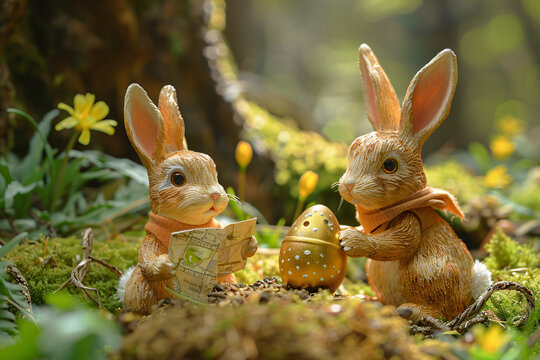 Claymation Easter bunnies on a treasure hunt for the 'Golden Egg' amidst a spring setting. Artful macro scene with detailed clay models, maps, and eggs. A whimsical Easter adventure concept