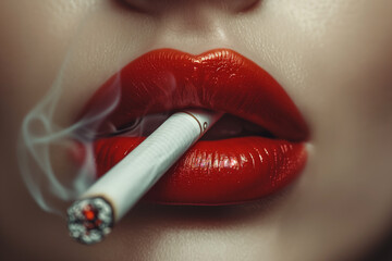 women's lips with red lipstick with a lit cigarette and smoke - obrazy, fototapety, plakaty