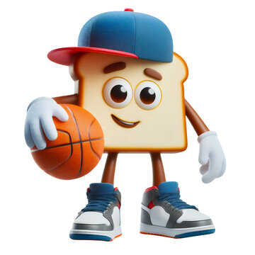 Bread cartoon character with a basketball, 3D render style, isolated background