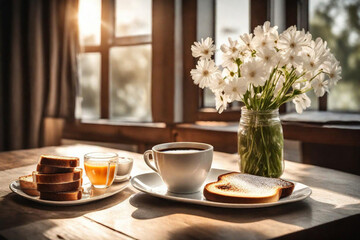 A vase with a bouquet of white daisies, a cup of coffee, white bread croutons and spread cream on white plates on a wooden table against the background of windows and the morning sun