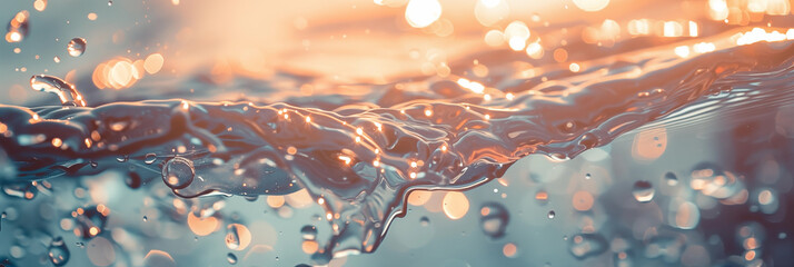 Sunlight filters through a cascade of shimmering water droplets, light and fluidity. Backdrop of light blue quality of the water suspended in a moment of beauty. - obrazy, fototapety, plakaty
