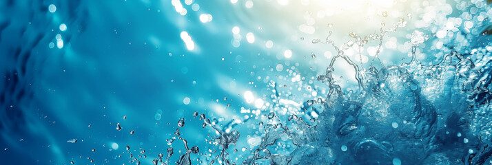 A close up shot of water splashing with the sun shining in the background. Dynamic scene of water splashes, brilliantly illuminated by sunlight, highlighting the serenity and power of water in motion.