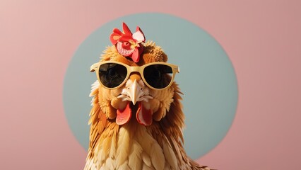Creative animal concept. Chicken hen in sunglass shade glasses  - obrazy, fototapety, plakaty