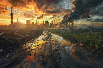 Dramatic industrial scene with dark, polluting factory smokestacks contrasting against a fiery sunset sky