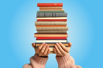Hands holding stack of books over blue background. Back to school, examination, education, library.