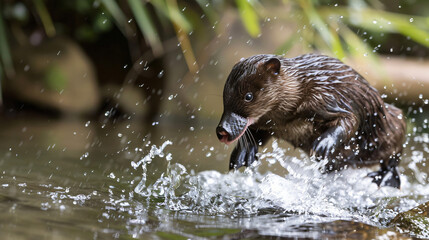 Playful baby platypus splashing in a creek.