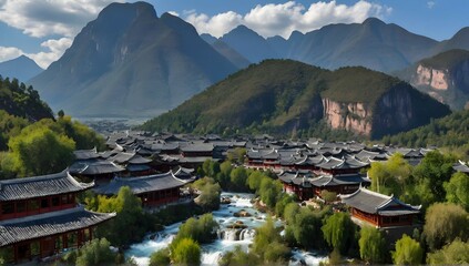 Blue mountains famous tourism scenery lijiang - obrazy, fototapety, plakaty