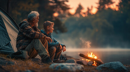 Three generations of men grandfather, father and grandson sit together by the campfire next to the tent in the evening against the background of fog over the river. Concept of Father day