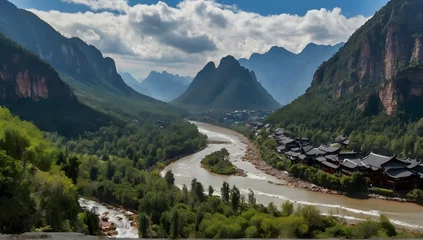 Foto op Canvas "Explore the breathtaking beauty of the famous Blue Mountains in Lijiang, where the vibrant blue hues of the mountains meet the lush greenery of the surrounding landscape." © Hataf