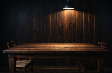 old wooden table with a spotlight and an empty wooden wall with chairs warm dramatic lights