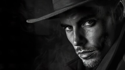 A man in a hat displays an intense look in an aura of mystery and determination. Man with a deep countenance of emotions and thoughts in a dark gray tone. - obrazy, fototapety, plakaty