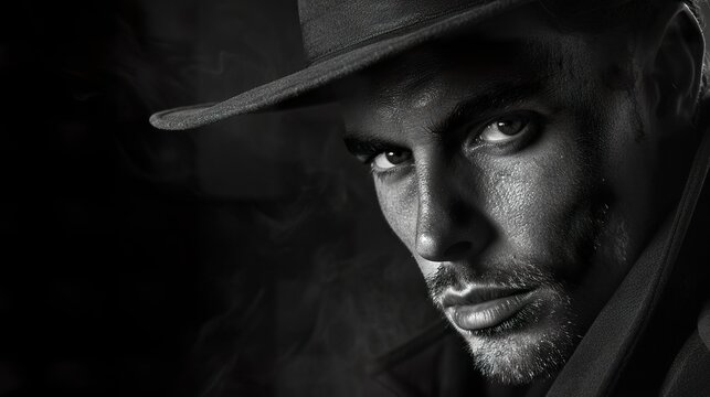 A man in a hat displays an intense look in an aura of mystery and determination. Man with a deep countenance of emotions and thoughts in a dark gray tone.