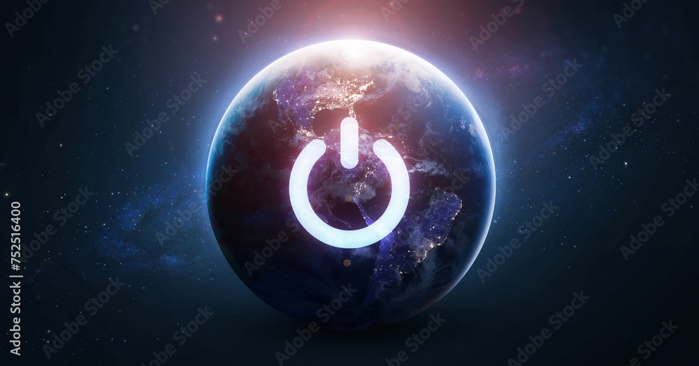Aufkleber earth globe with power switch symbol. earth hour concept. earth planet on starry space background. g