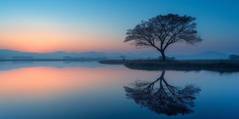 Landschaft mit einem Baum, der sich vor einem Himmel nach Sonnenuntergang abhebt und sich in einem...