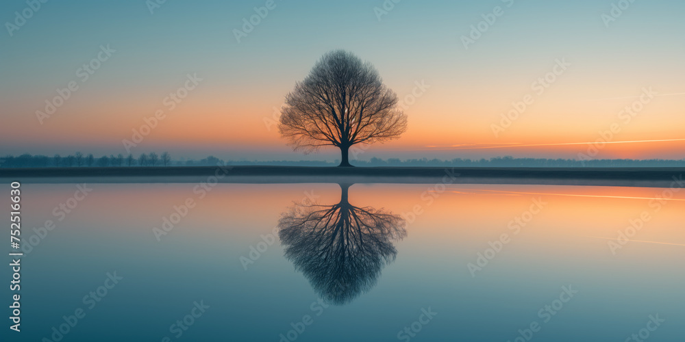 Sticker landschaft mit einem baum, der sich vor einem himmel nach sonnenuntergang abhebt und sich in einem r