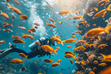 Fototapeta na wymiar a flock of yellow exotic fish swims in the ocean, a scuba diver is in the background