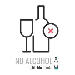 No Alcohol Thin Line Vector Icon. Do not drinking prohibition sign Isolated on the White Background.Vector illustration EPS 10 Editable Stroke