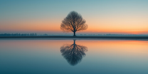 Landschaft mit einem Baum, der sich vor einem Himmel nach Sonnenuntergang abhebt und sich in einem ruhigen See spiegelt