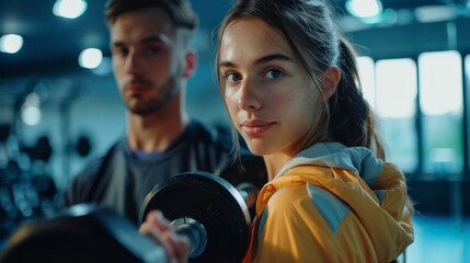 Dedicated young female athlete lifting weights in the gym