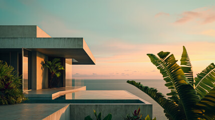 Sunset over the sea, house